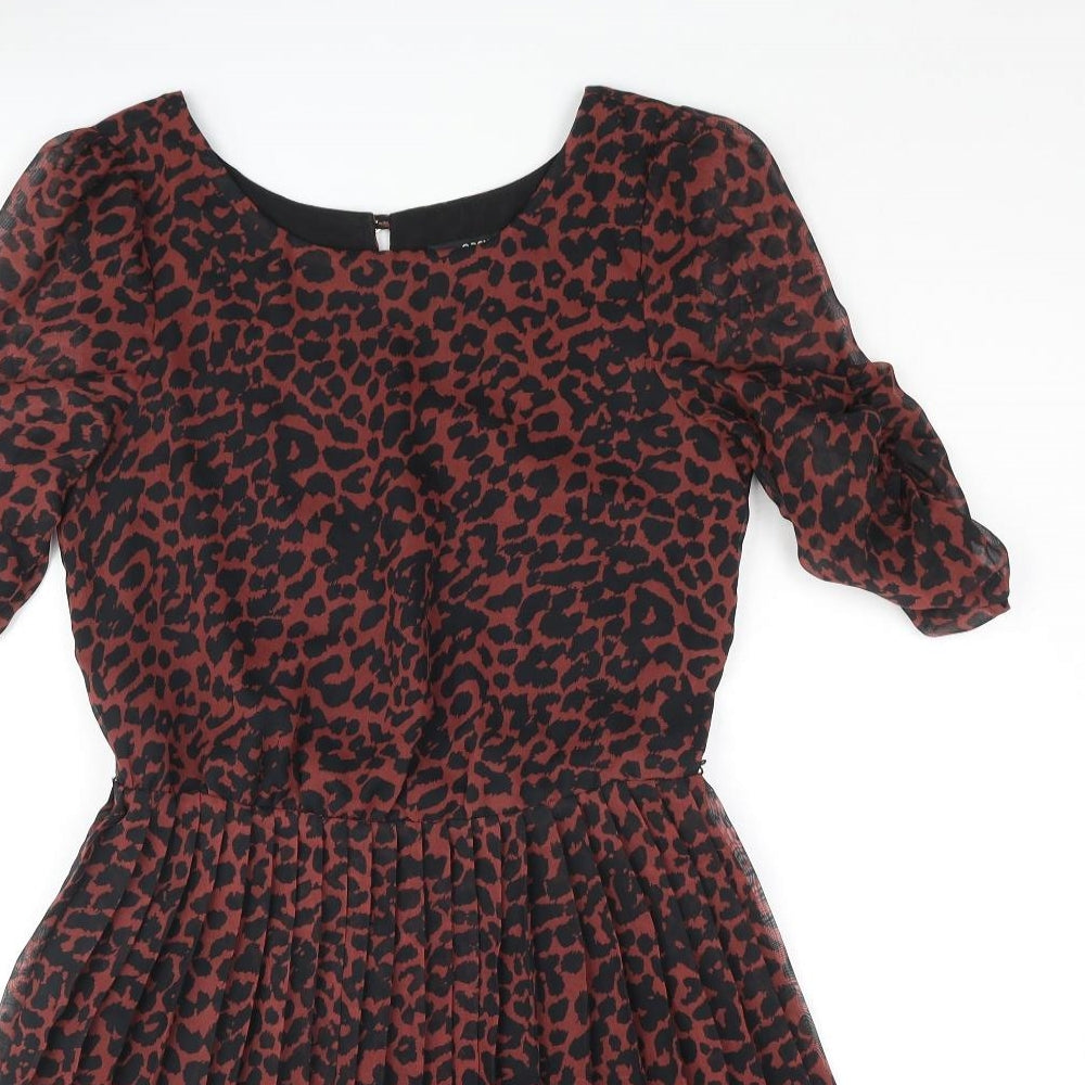 Oasis Womens Red Striped Polyester Fit & Flare Size 8 Round Neck Button - Leopard Print