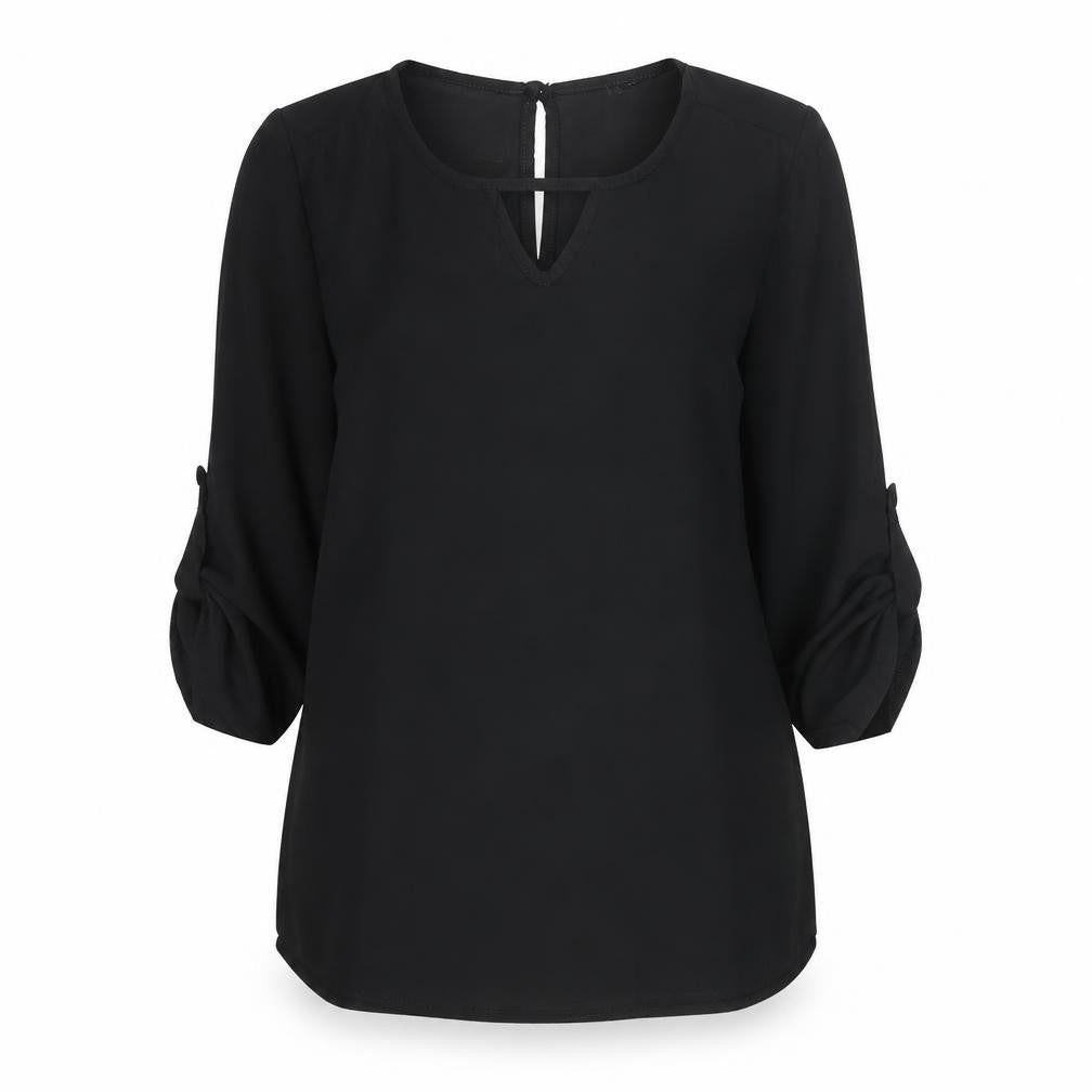Front view of Boohoo women’s black polyester basic blouse, size UK 8, round neck - keyhole neck