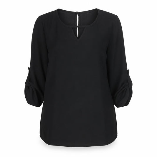 Front view of Boohoo women’s black polyester basic blouse, size UK 8, round neck - keyhole neck