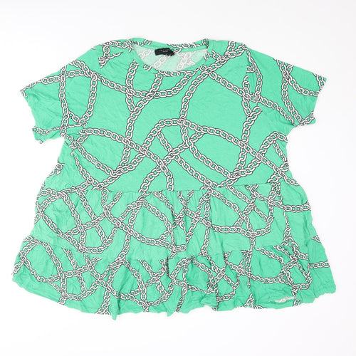New Look Womens Green Geometric Viscose Basic Blouse Size 22 Round Neck - Frill Chain Print