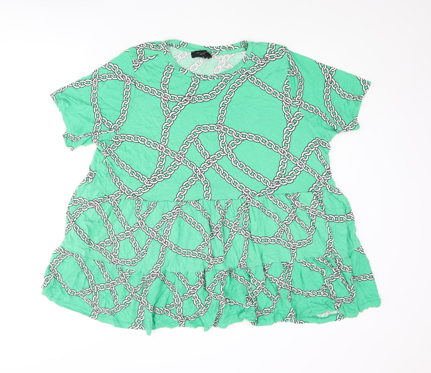 New Look Womens Green Geometric Viscose Basic Blouse Size 22 Round Neck - Frill Chain Print