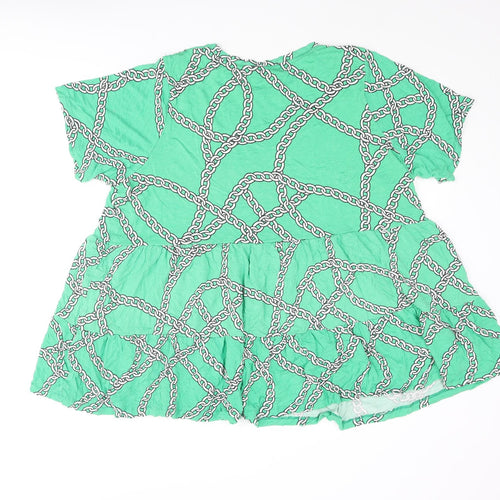 New Look Womens Green Geometric Viscose Basic Blouse Size 22 Round Neck - Frill Chain Print