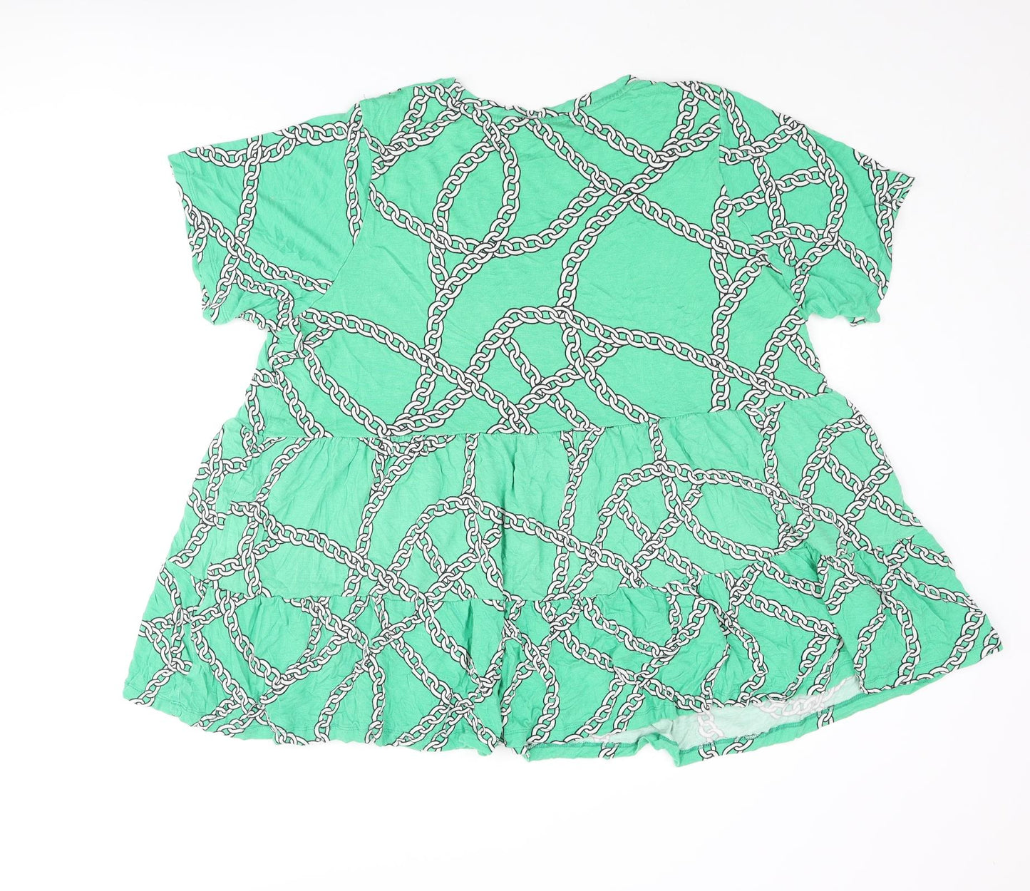 New Look Womens Green Geometric Viscose Basic Blouse Size 22 Round Neck - Frill Chain Print