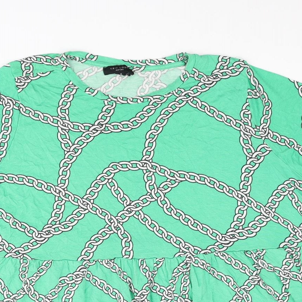 New Look Womens Green Geometric Viscose Basic Blouse Size 22 Round Neck - Frill Chain Print