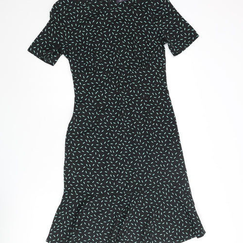 Marks and Spencer Womens Black Geometric Polyester Shift Size 10 Round Neck Zip