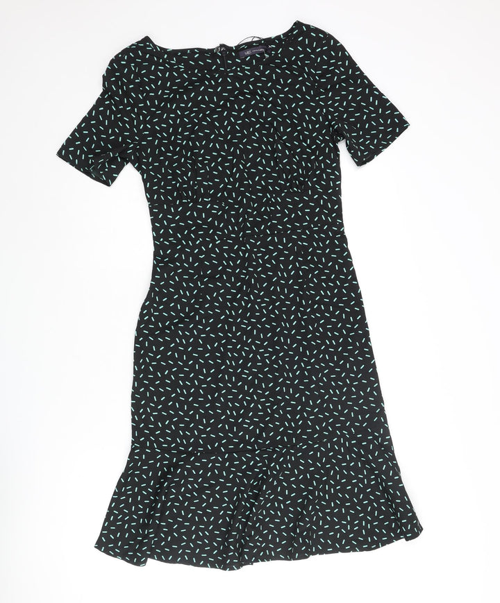 Marks and Spencer Womens Black Geometric Polyester Shift Size 10 Round Neck Zip
