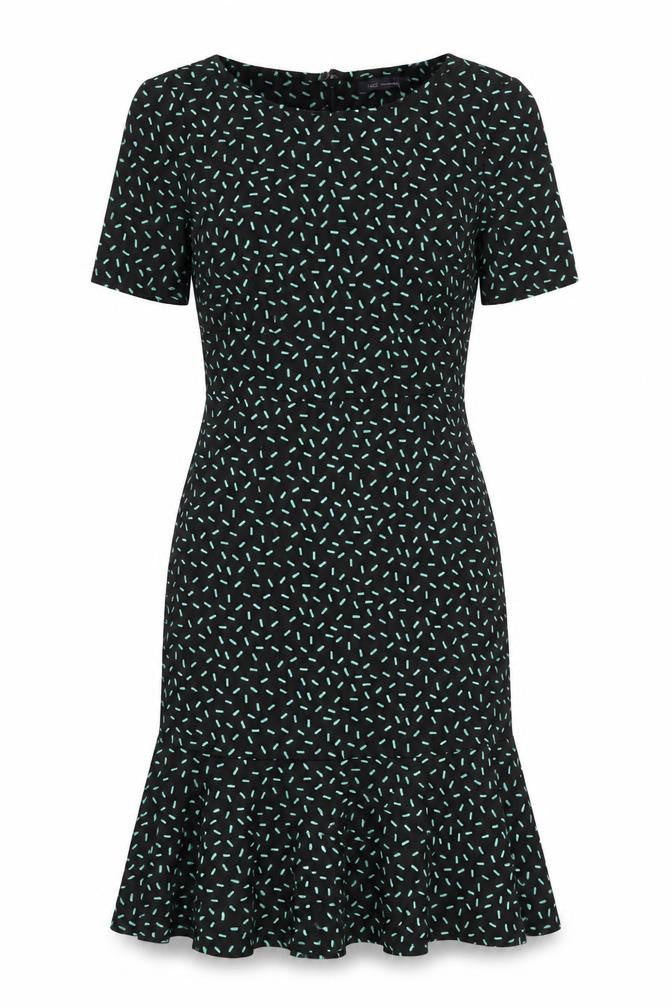 Front view of Marks & Spencer women’s black geometric polyester shift, size UK 10, round neck zip