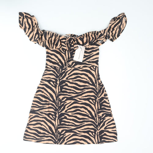 Missguided Womens Beige Animal Print Polyester Mini Size 6 Off the Shoulder Pullover - Frill Tiger Print