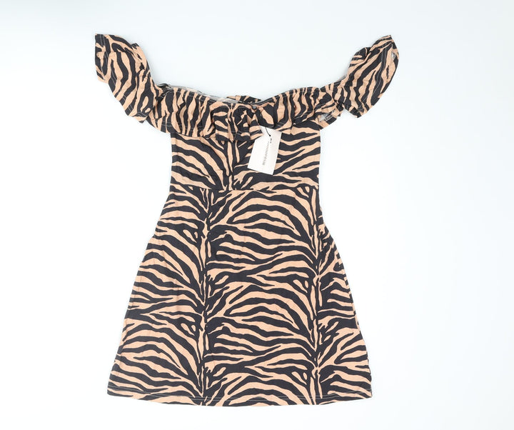 Missguided Womens Beige Animal Print Polyester Mini Size 6 Off the Shoulder Pullover - Frill Tiger Print