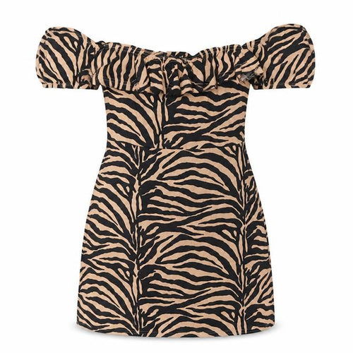 Missguided Womens Beige Animal Print Polyester Mini Size 6 Off the Shoulder Pullover - Frill Tiger Print
