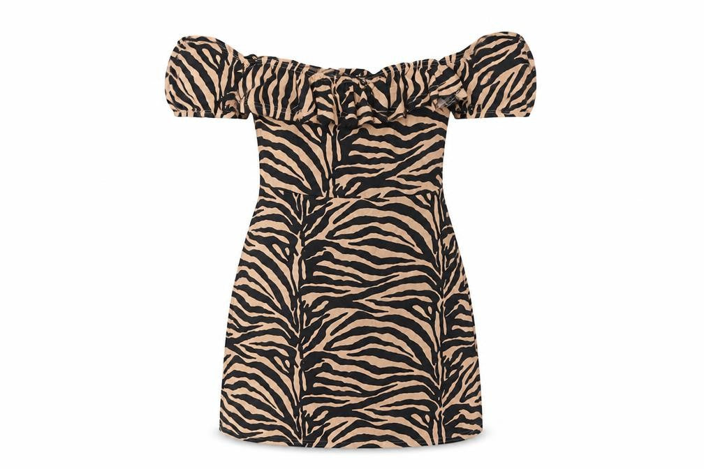 Missguided Womens Beige Animal Print Polyester Mini Size 6 Off the Shoulder Pullover - Frill Tiger Print