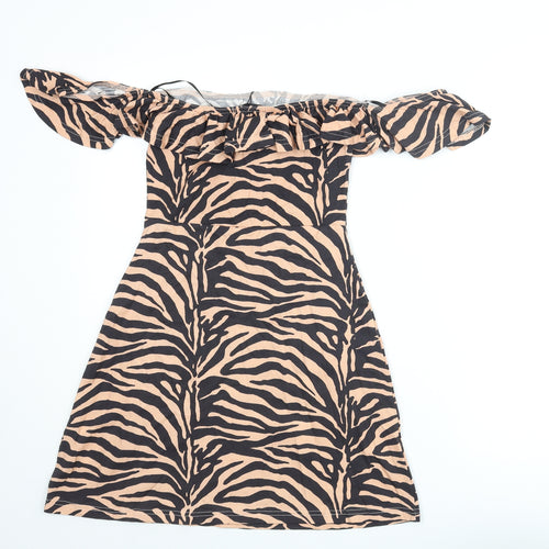 Missguided Womens Beige Animal Print Polyester Mini Size 6 Off the Shoulder Pullover - Frill Tiger Print