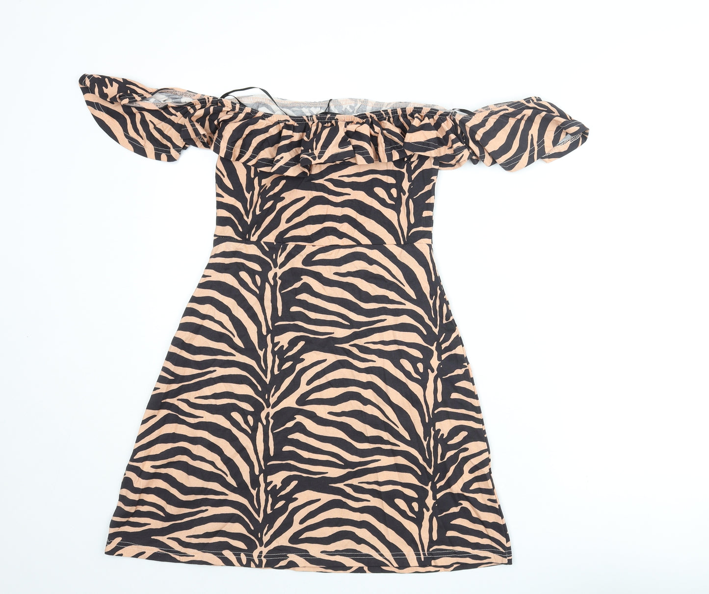 Missguided Womens Beige Animal Print Polyester Mini Size 6 Off the Shoulder Pullover - Frill Tiger Print
