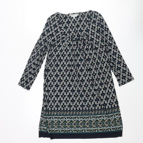 EAST Womens Blue Geometric Polyester Mini Size 12 Scoop Neck Pullover