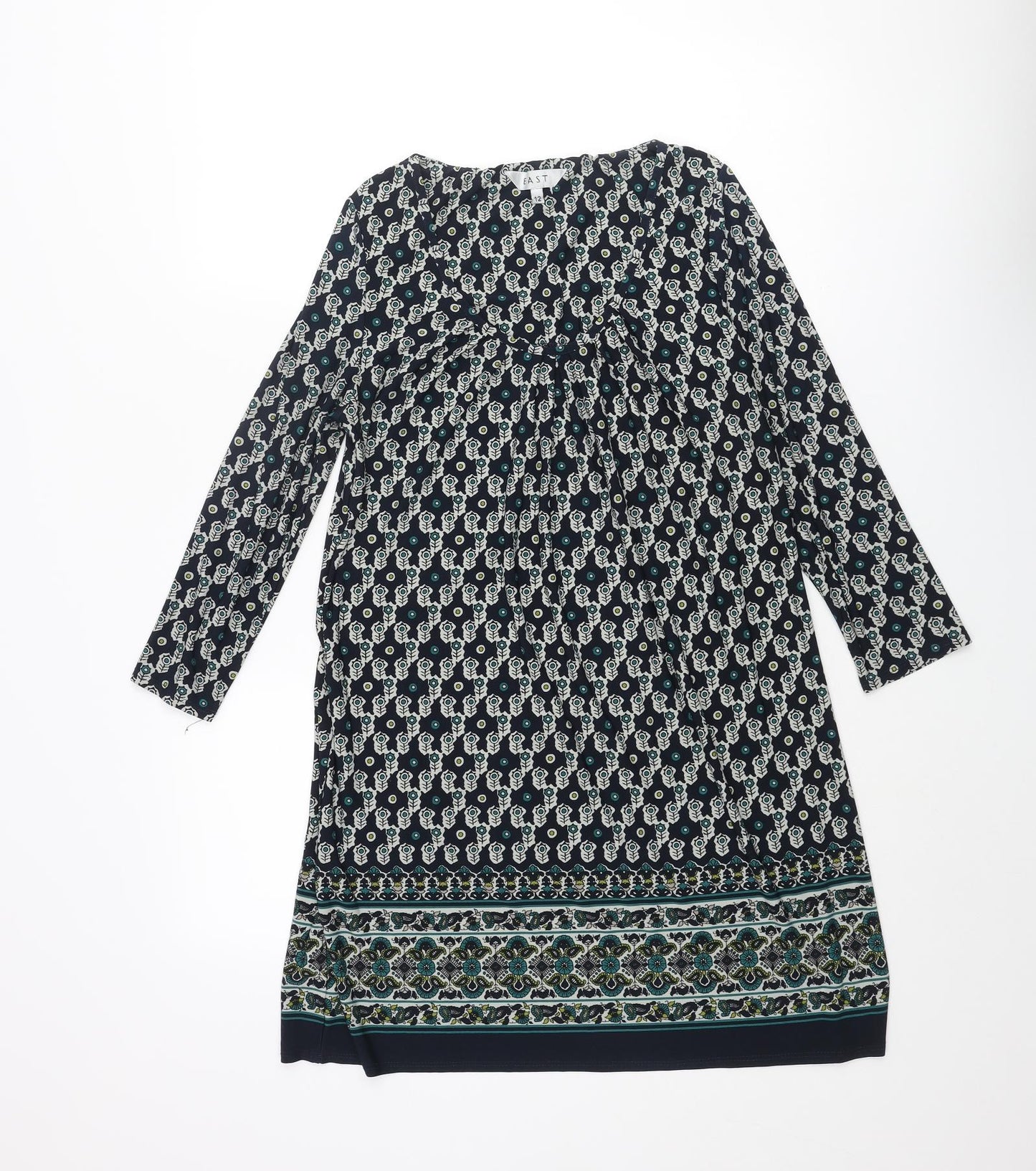 EAST Womens Blue Geometric Polyester Mini Size 12 Scoop Neck Pullover