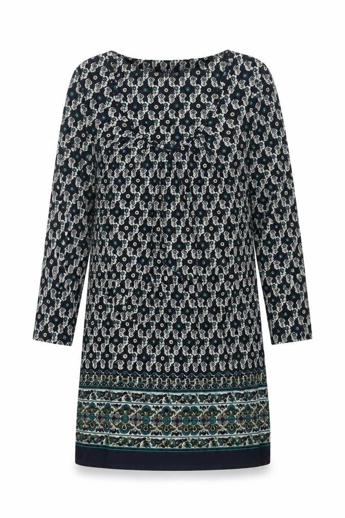 Front view of East women’s blue geometric polyester mini, size UK 12, scoop neck pullover