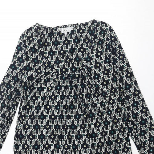 EAST Womens Blue Geometric Polyester Mini Size 12 Scoop Neck Pullover