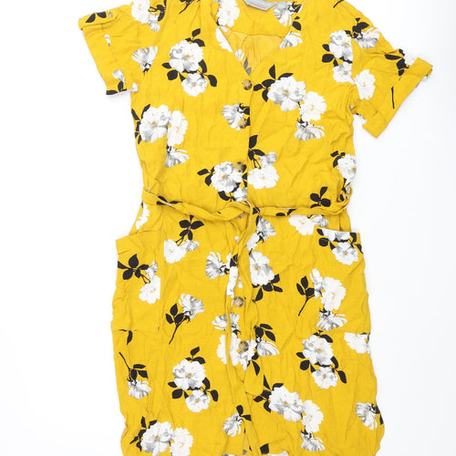 Dorothy Perkins Womens Yellow Floral Viscose Shift Size 8 V-Neck Button