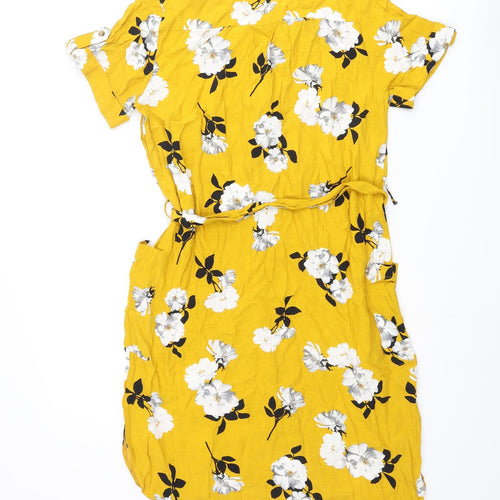 Dorothy Perkins Womens Yellow Floral Viscose Shift Size 8 V-Neck Button