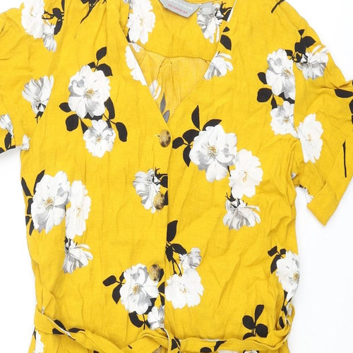 Dorothy Perkins Womens Yellow Floral Viscose Shift Size 8 V-Neck Button
