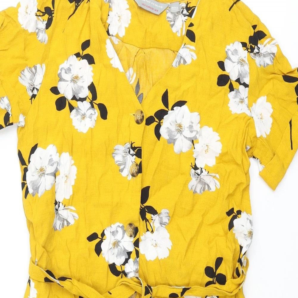 Dorothy Perkins Womens Yellow Floral Viscose Shift Size 8 V-Neck Button