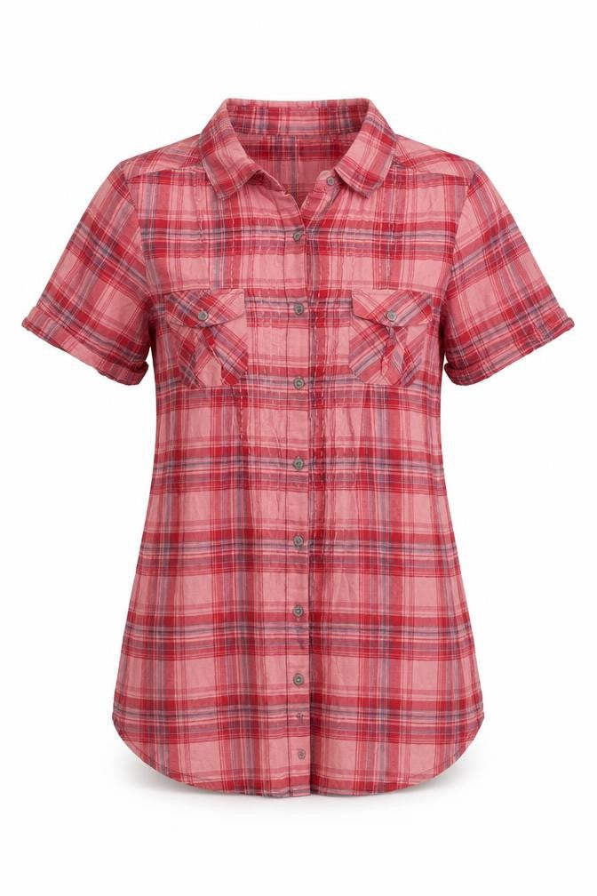 Front view of Next women’s pink check cotton basic button-up, size UK 8, collared