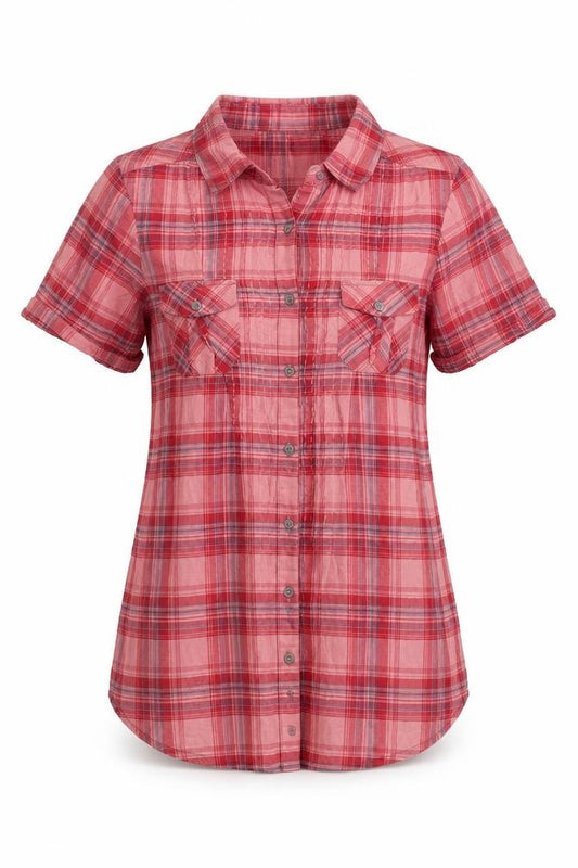 Front view of Next women’s pink check cotton basic button-up, size UK 8, collared