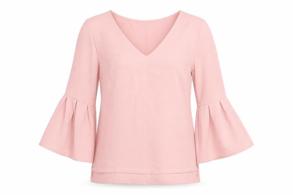 Front view of 7th Avenue women’s pink polyester basic blouse, size S, v-neck - pleated bell sleeve