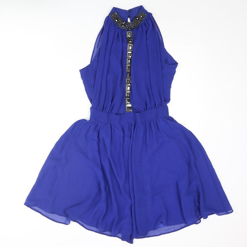 River Island Womens Blue Polyester Shift Size 10 Mock Neck Zip - Rhinestone Detail