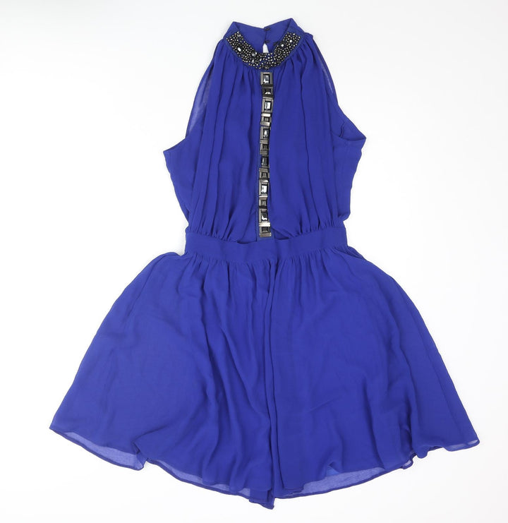 River Island Womens Blue Polyester Shift Size 10 Mock Neck Zip - Rhinestone Detail