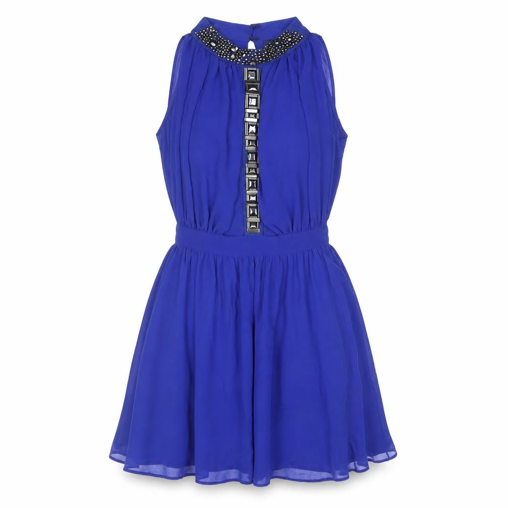 Front view of River Island women’s blue polyester shift, size UK 10, mock neck zip - rhinestone detail