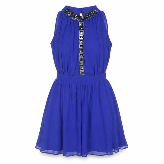 Front view of River Island women’s blue polyester shift, size UK 10, mock neck zip - rhinestone detail
