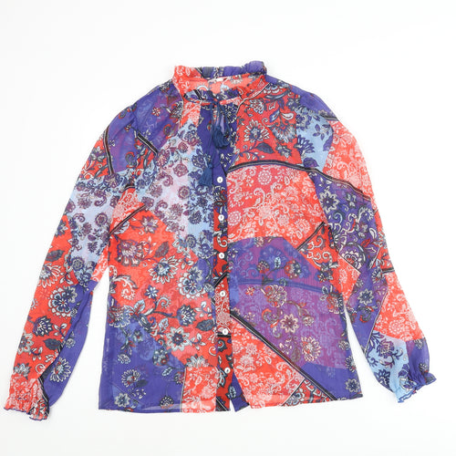 Falmer Heritage Womens Blue Geometric Polyester Basic Blouse Size 10 Mock Neck - Bow