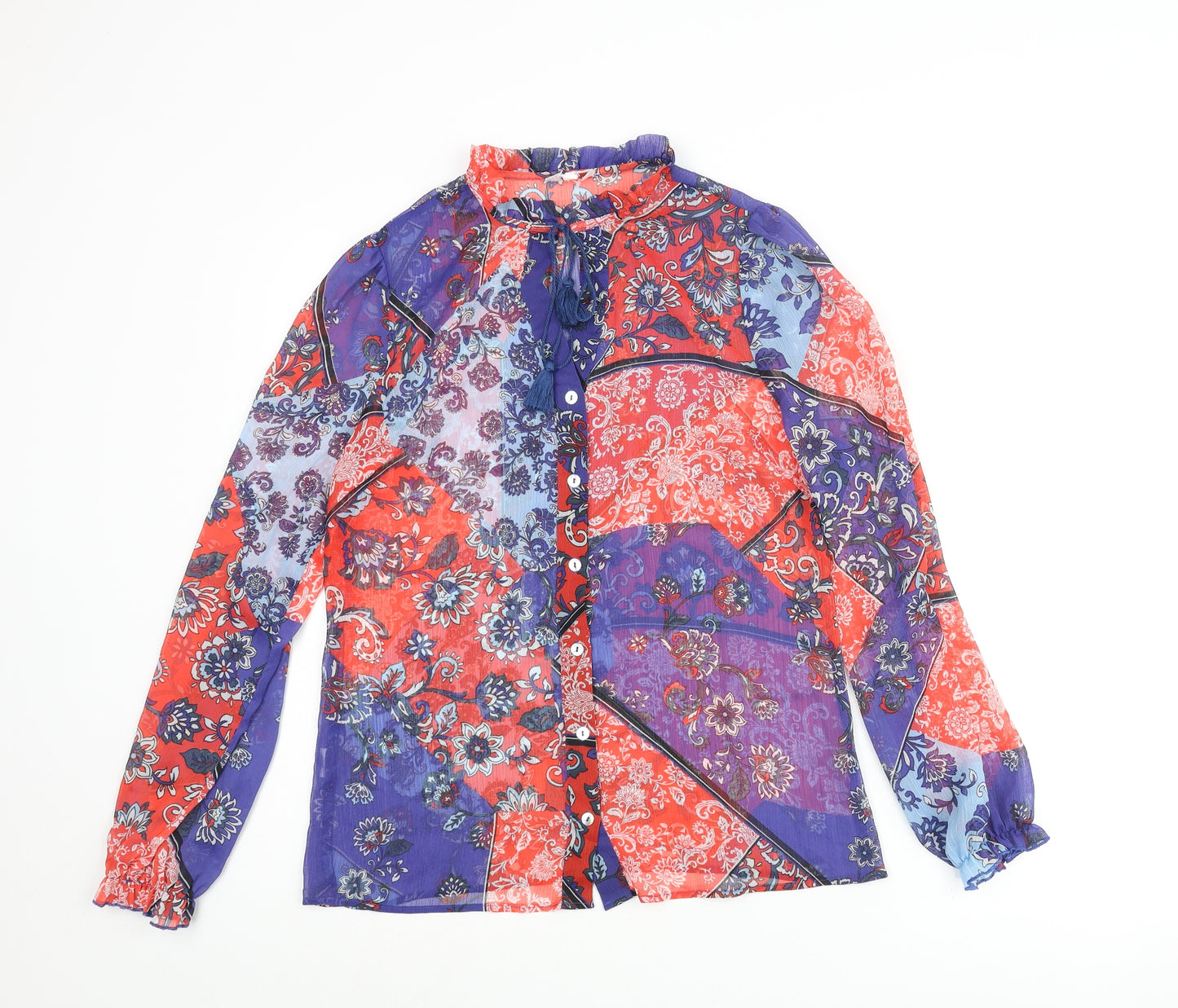 Falmer Heritage Womens Blue Geometric Polyester Basic Blouse Size 10 Mock Neck - Bow