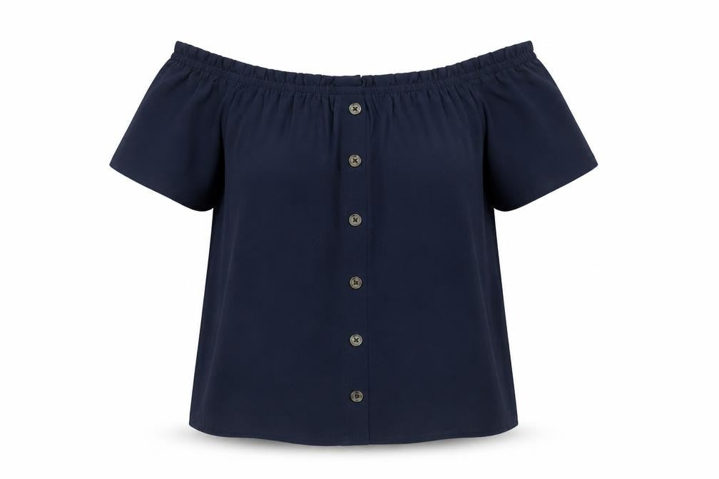 Front view of Dorothy Perkins women’s blue polyester basic blouse, size UK 8, off the shoulder - button detail