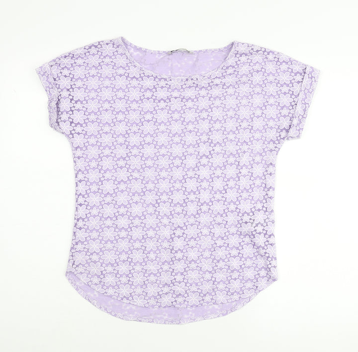 Marks and Spencer Womens Purple Floral Viscose Basic Blouse Size 8 Round Neck