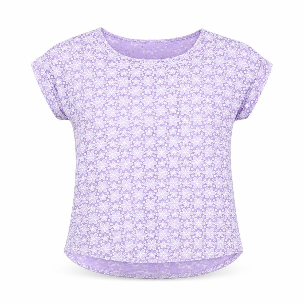 Front view of Marks & Spencer women’s purple floral viscose basic blouse, size UK 8, round neck