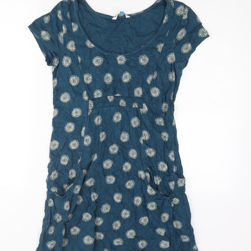White Stuff Womens Blue Geometric Cotton Tunic Blouse Size 8 Scoop Neck