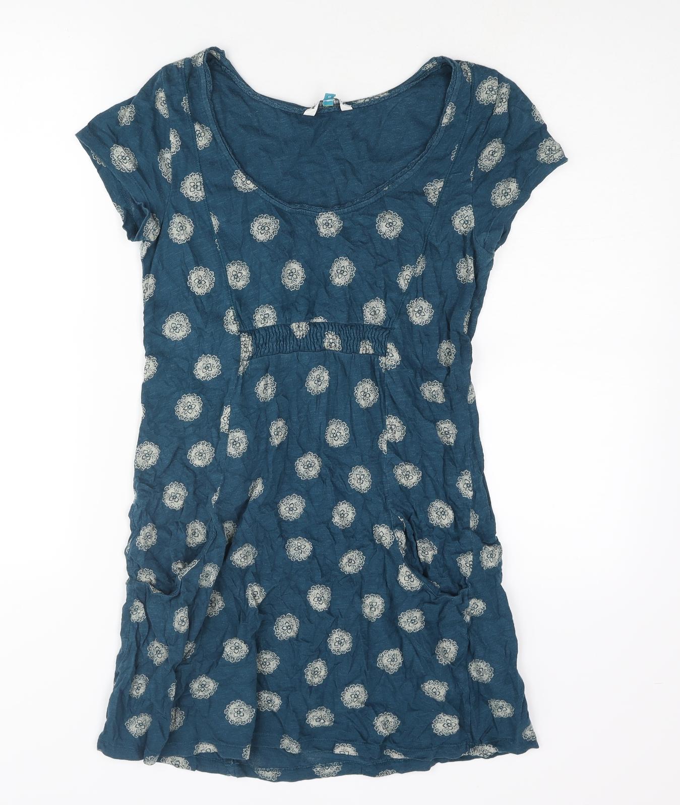 White Stuff Womens Blue Geometric Cotton Tunic Blouse Size 8 Scoop Neck