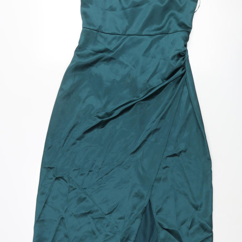 Zara Womens Blue Polyester Slip Dress Size M Square Neck Zip - Rouched Chain Strap