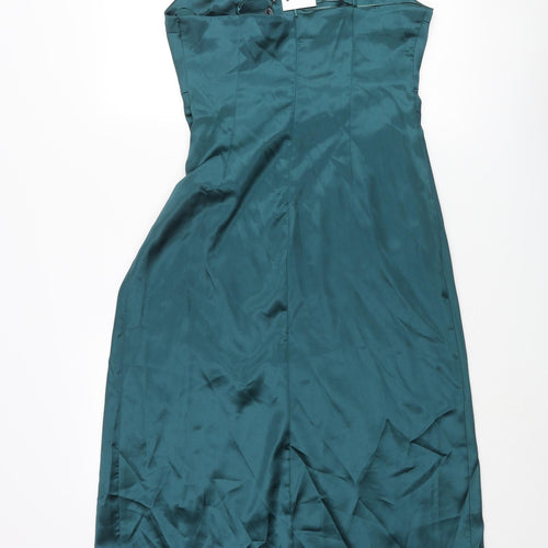 Zara Womens Blue Polyester Slip Dress Size M Square Neck Zip - Rouched Chain Strap