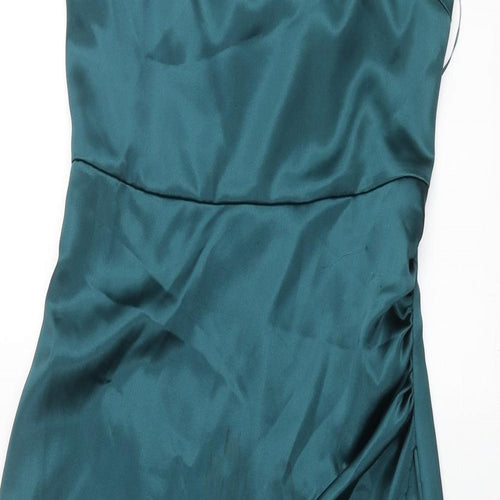 Zara Womens Blue Polyester Slip Dress Size M Square Neck Zip - Rouched Chain Strap