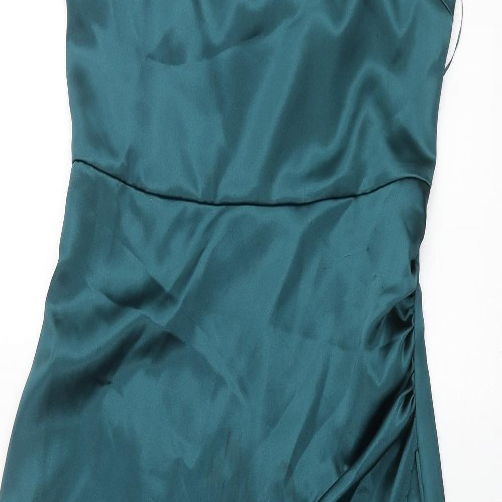 Zara Womens Blue Polyester Slip Dress Size M Square Neck Zip - Rouched Chain Strap