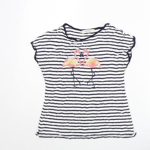 Oasis Womens Blue Striped Viscose Basic T-Shirt Size XS Round Neck - Embroidered Flamingos