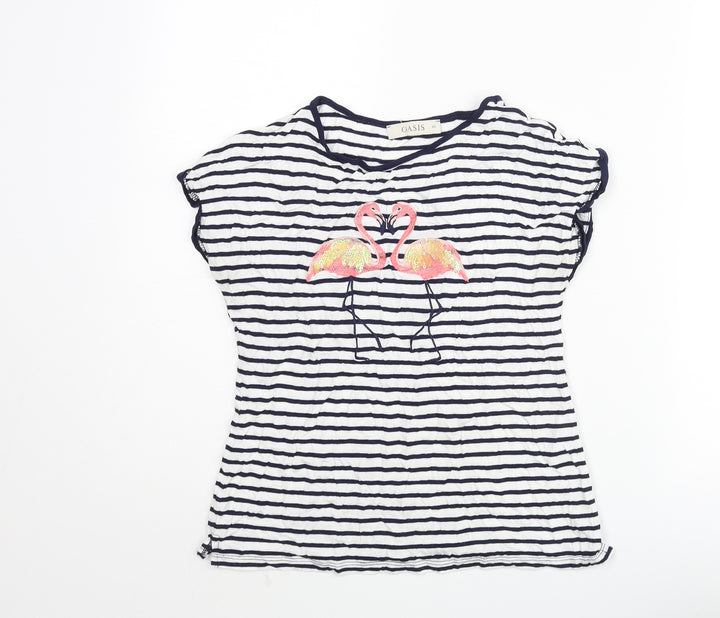 Oasis Womens Blue Striped Viscose Basic T-Shirt Size XS Round Neck - Embroidered Flamingos