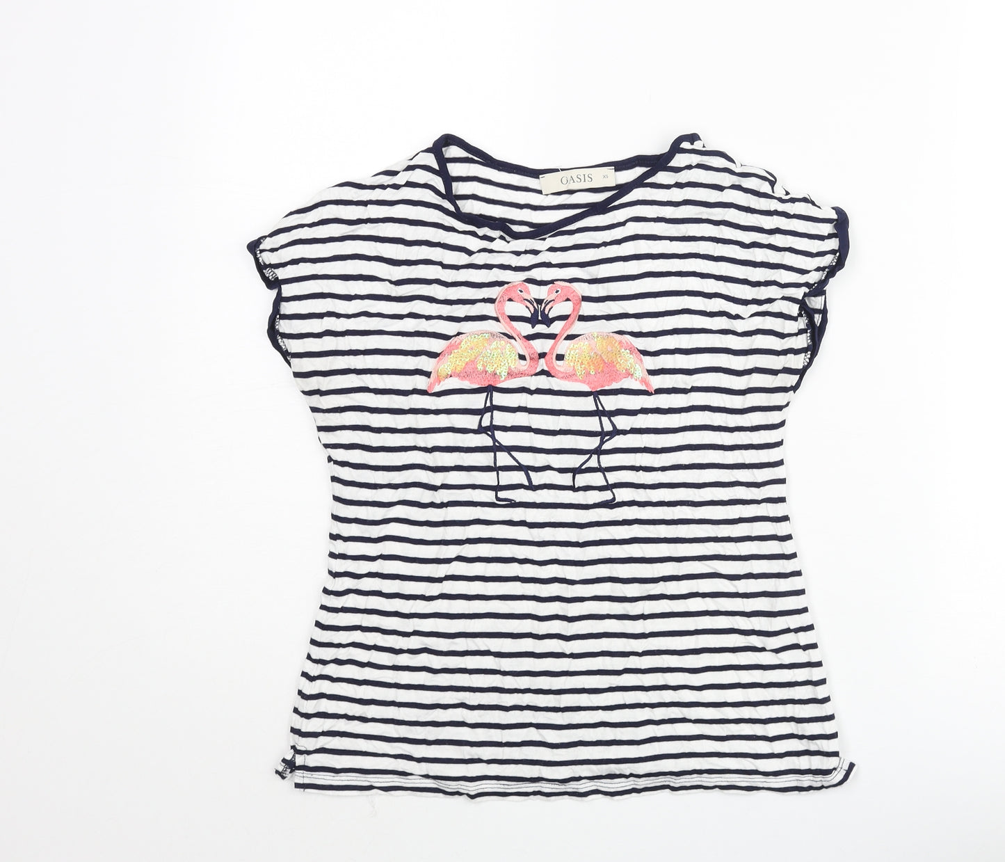 Oasis Womens Blue Striped Viscose Basic T-Shirt Size XS Round Neck - Embroidered Flamingos