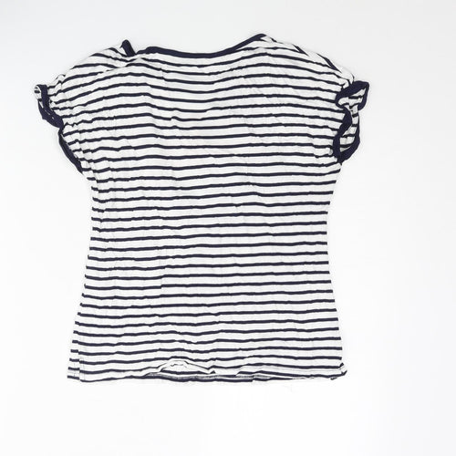 Oasis Womens Blue Striped Viscose Basic T-Shirt Size XS Round Neck - Embroidered Flamingos