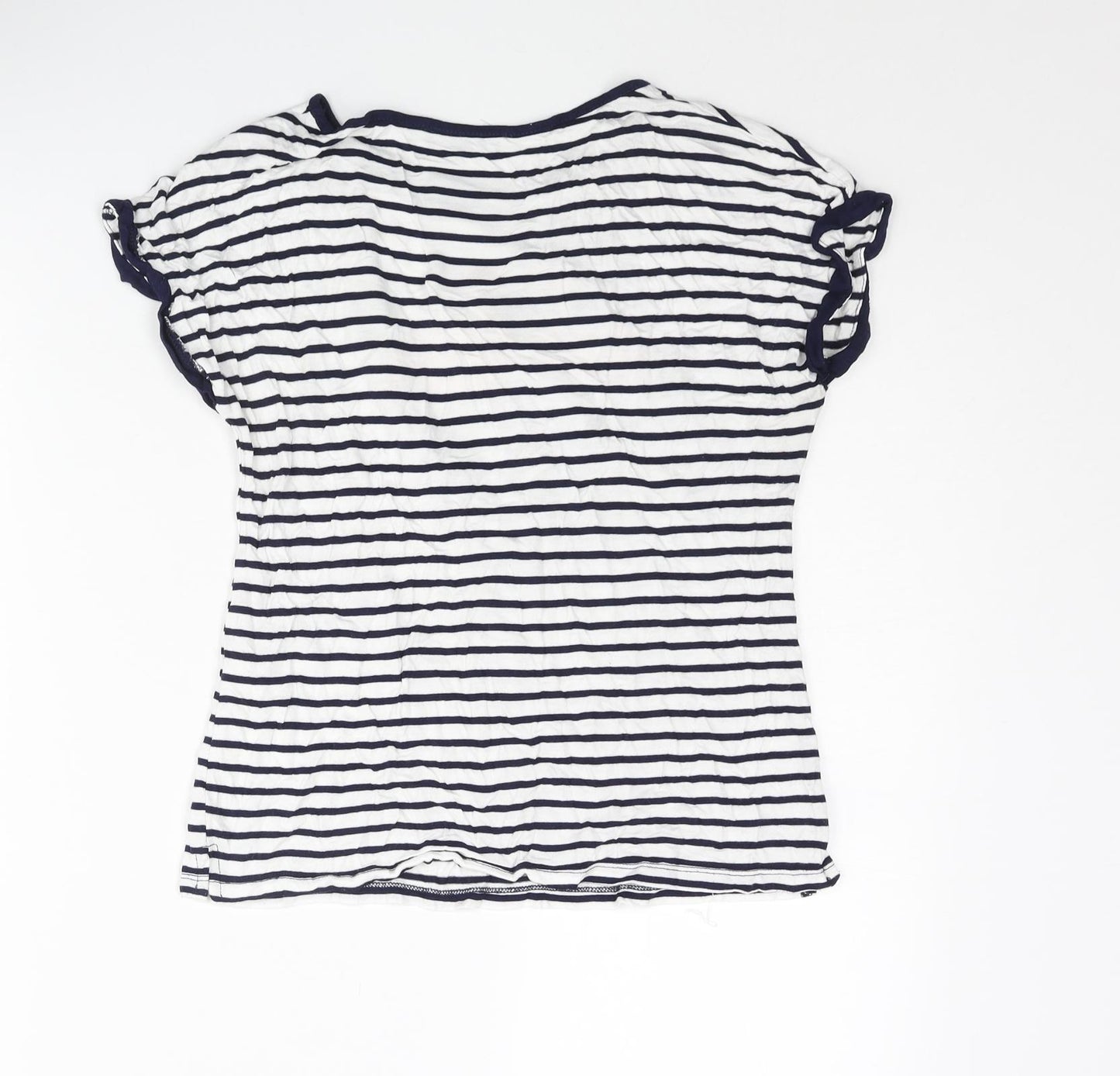 Oasis Womens Blue Striped Viscose Basic T-Shirt Size XS Round Neck - Embroidered Flamingos