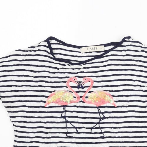 Oasis Womens Blue Striped Viscose Basic T-Shirt Size XS Round Neck - Embroidered Flamingos