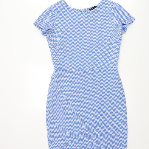 Dorothy Perkins Womens Blue Geometric Polyester Bodycon Size 8 Round Neck Button